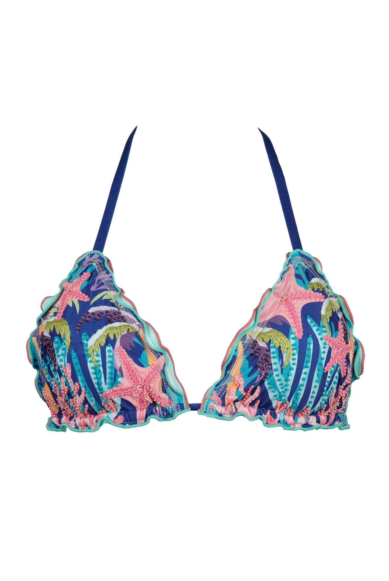 Bahia Starfish luxury handmade, embroidered and beaded triangle bikini top by CALASWIM on a white background.
